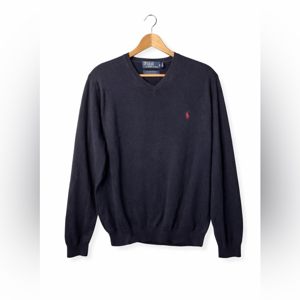 Polo Ralph Lauren V Neck Sweater Men Large Navy Merino Wool Pony Preppy Classic